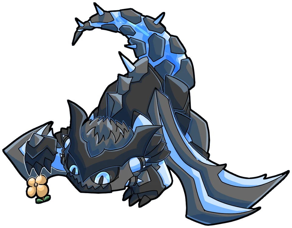 Aelvorr, Zinka&rsquo;s pet dragon — black scales, icy blue crystal, and a small flower